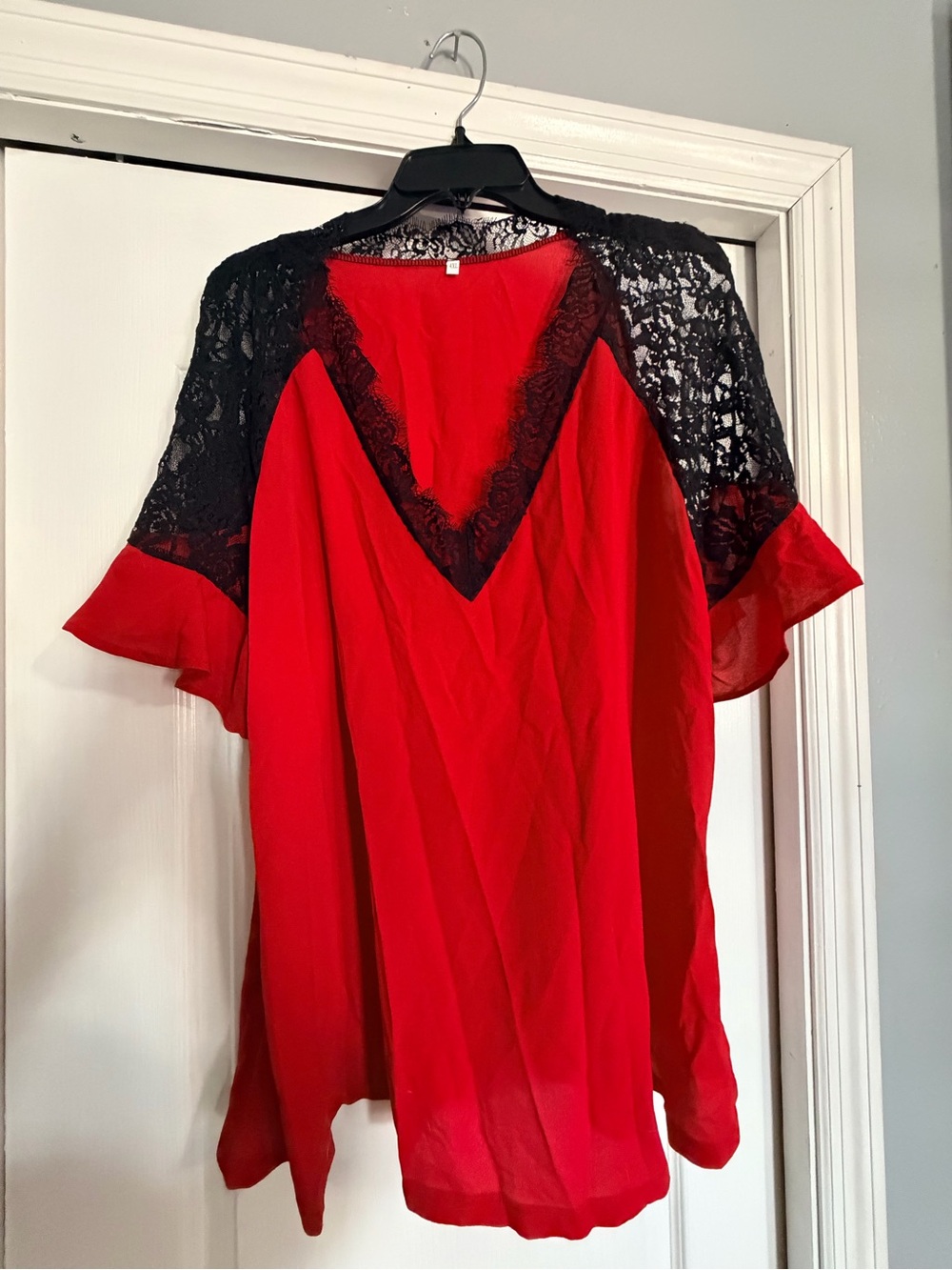 SHEIN Red V-Neck Blouse with Black Lace Yoke
